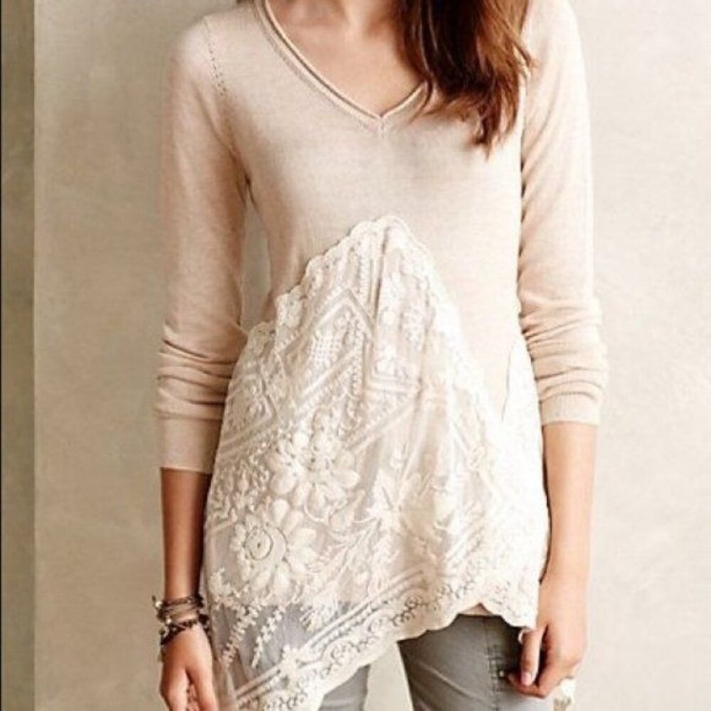 Angel Of The North Beige Long-Sleeve Lace Embellished V-Neck Tunic Sweater Women